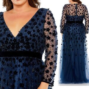 NEW $598 MAC DUGGAL navy blue long sleeve floral ALINE MAXI DRESS GOWN 16 XL NWT
